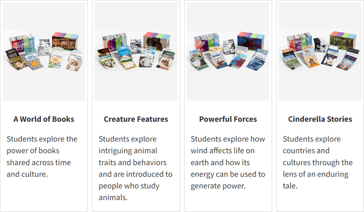 Image showing four educational series of books for students. Each series has a title: A World of Books, Creature Features, Powerful Forces, and Cinderella Stories, and descriptions about exploring various topics such as literature, animals, energy, and cultures.