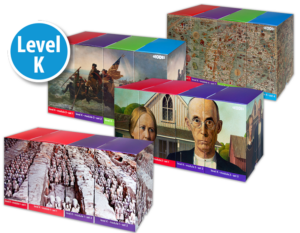 Four sets of educational modules labeled Level K are displayed on a black background. Each set has a different artwork on the front, ranging from classical paintings to historical imagery.