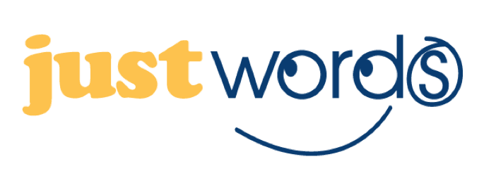 The Just Words logo features the word just in lowercase yellow letters and words in lowercase blue letters. The letter o in words is stylized as a wave, and a blue curved line resembling a smile is below the word.