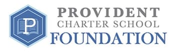 Logo for Provident Charter School Foundation, featuring a blue hexagon with the letter 'P' and an open book inside, accompanied by the text 'Provident Charter School' in gray and 'Foundation' in blue below.