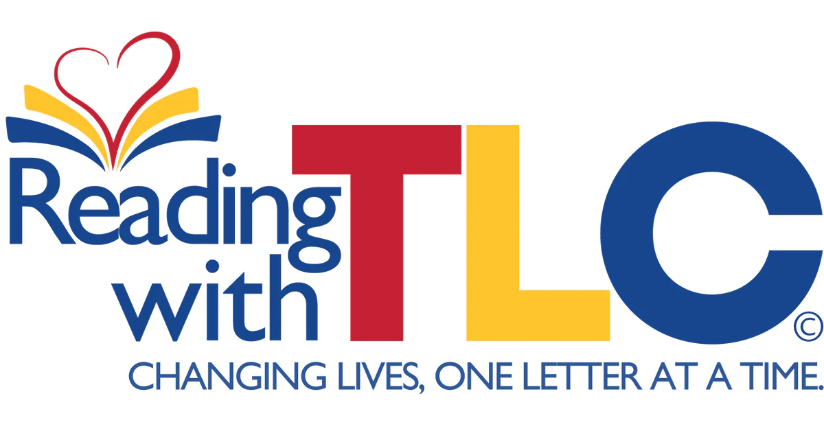 Logo for "Reading with TLC" featuring a heart above an open book. The text "Reading with TLC" appears in blue, red, and yellow, with the tagline "Changing lives, one letter at a time.