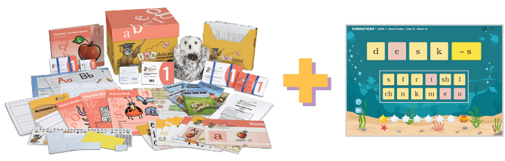 A Fundations® Level 1 bundle featuring physical materials, including instructional guides, cards, student notebooks, practice items, and an owl puppet. To the right is a digital learning activity showing a Fundations® Level 1 screen with letter tiles forming words and an underwater theme. A plus sign connects the physical and digital components.