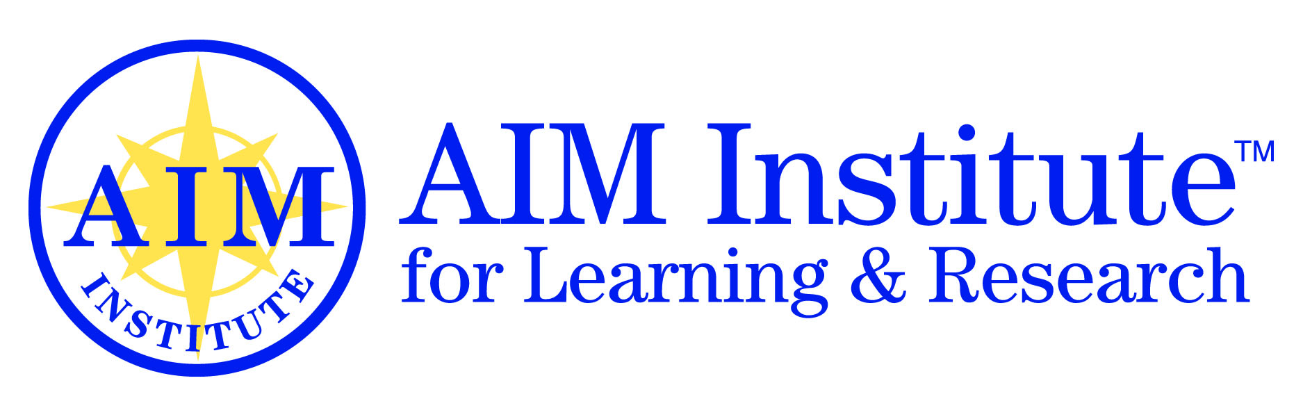 Logo of AIM Institute for Learning & Research. It features the acronym "AIM" inside a compass rose design on the left, with the institute's full name in blue text on the right.
