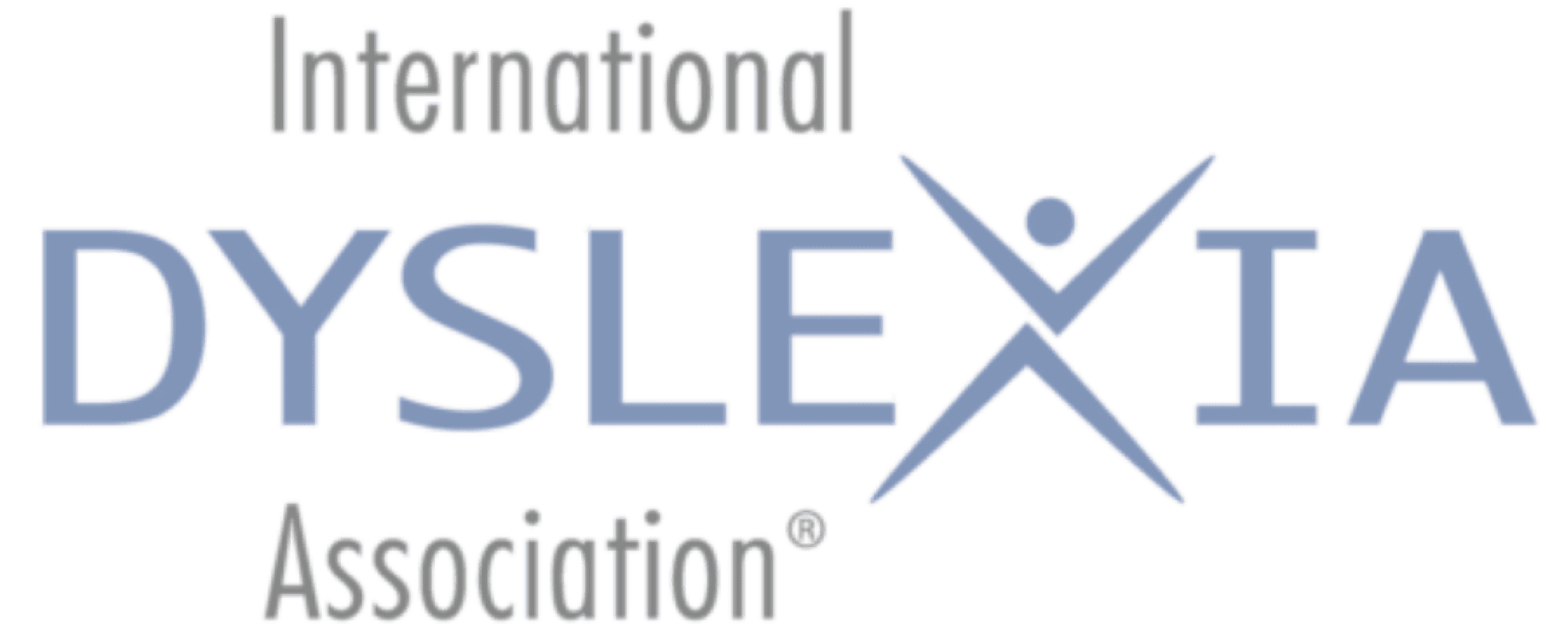 Logo of the International Dyslexia Association. "DYSL EXIA" is in large blue text with a stylized figure forming the 'X'. "International" and "Association" are in smaller gray text above and below, respectively.