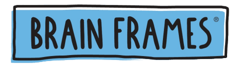 Brain Frames logo featuring hand-drawn uppercase text in black, outlined in white, set against a blue rectangular background with slightly irregular edges.