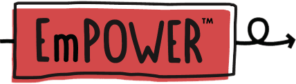 EmPOWER logo with a hand-drawn style, featuring mixed uppercase and lowercase black text on a red rectangular background with slightly irregular edges. A black arrow extends from both sides, looping around on the right.