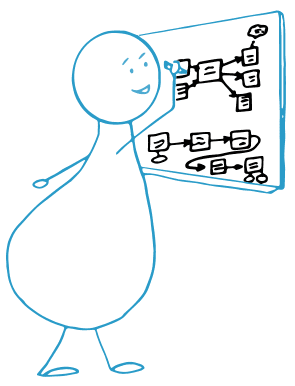 A simple blue stick-figure character smiling while drawing a flowchart or diagram on a whiteboard. The diagram consists of connected boxes and arrows, representing a structured thought process or graphic organizer.