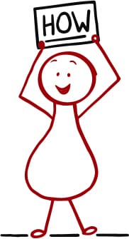 A simple red stick-figure character with a happy expression holding a sign above their head that says HOW, symbolizing curiosity or a desire for understanding.