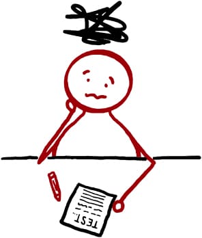 A simple red stick-figure character sitting at a desk, looking worried while taking a test. A scribbled black cloud hovers above their head, symbolizing confusion or frustration. A pen lies next to the test paper.