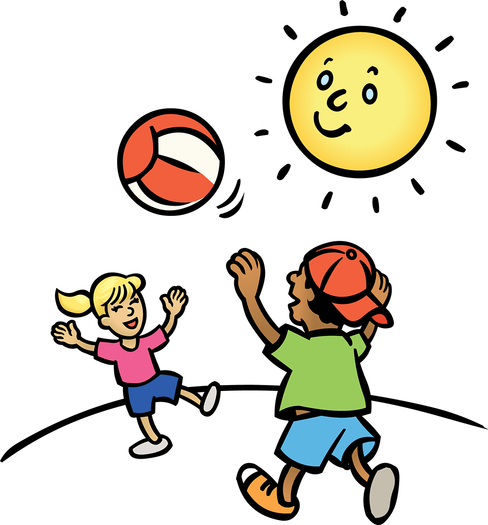 Cartoon of two children tossing a beach ball with a smiling sun shining down on them