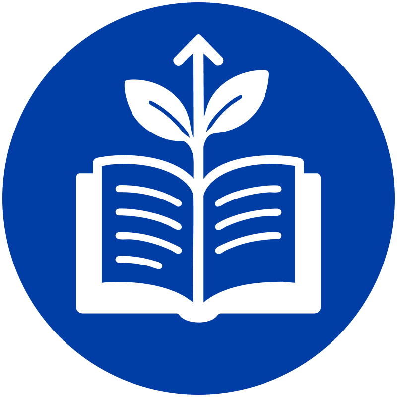 Open book with a plant growing upwards, representing knowledge and growth.
