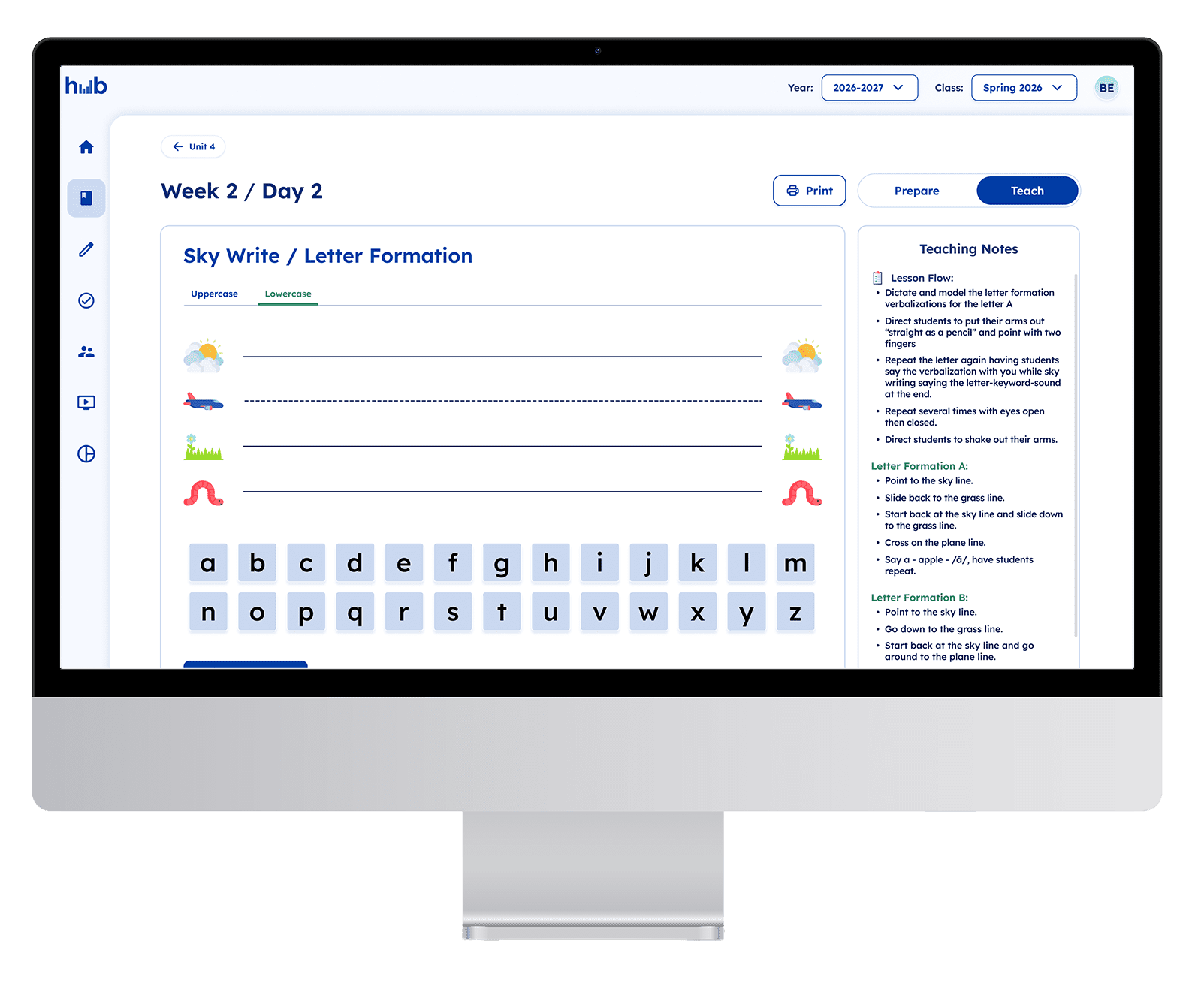 iMac screen displaying a FUN HUB Sky Write / Letter Formation tool with teaching notes and a drag-and-drop letter keyboard.
