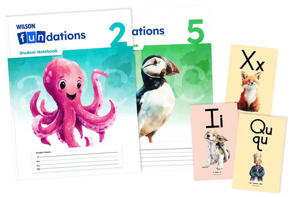 Fundations student notebooks for Levels 2 and 5 featuring illustrated animals (octopus and puffin), alongside four keyword sound cards with the letters Xx, Ii, and Ququ.