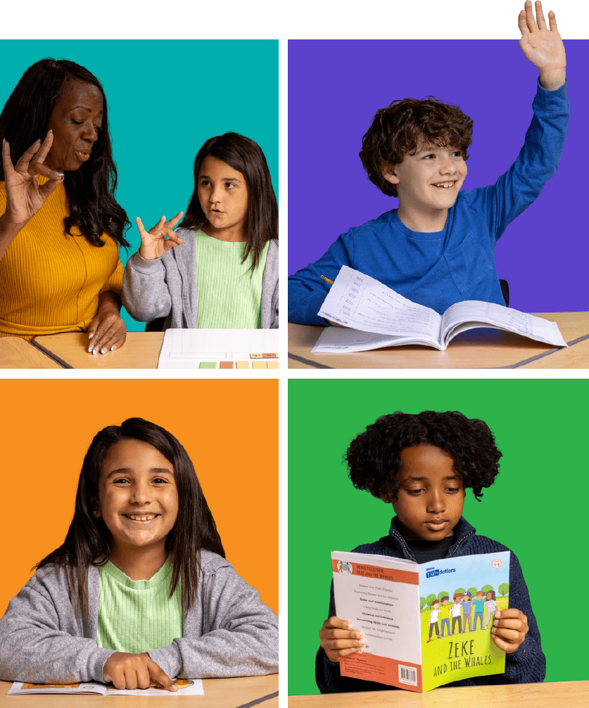 Four students engaged in classroom activities: a teacher and student using hand gestures, a boy raising his hand while writing, a girl smiling at the camera, and a student reading Zeke and the Whales, each against a different colored background.
