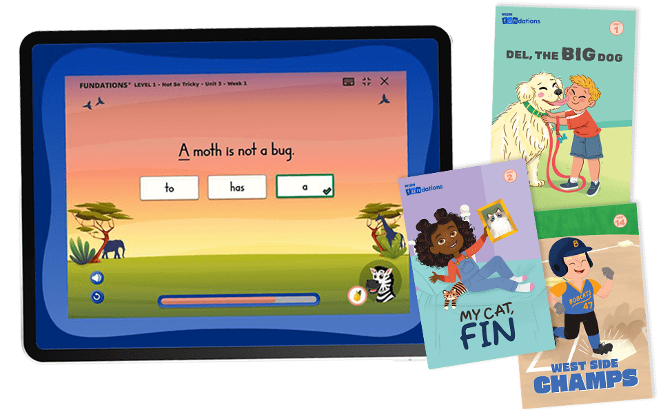 Digital tablet showing a sentence-building activity in FUN HUB, with illustrated decodable readers displayed alongside, including My Cat, Fin and Del, the Big Dog.