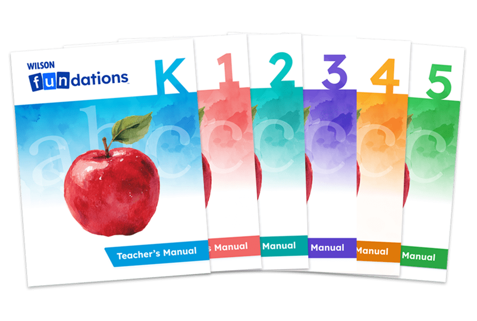 Set of Fundations Teacher’s Manuals for Levels K through 5, each cover featuring a watercolor apple and color-coded spine.