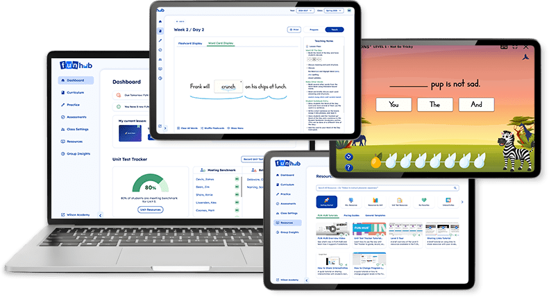 Laptop and two tablets displaying Wilson Fundations digital dashboard, lesson interface, and interactive student activity.