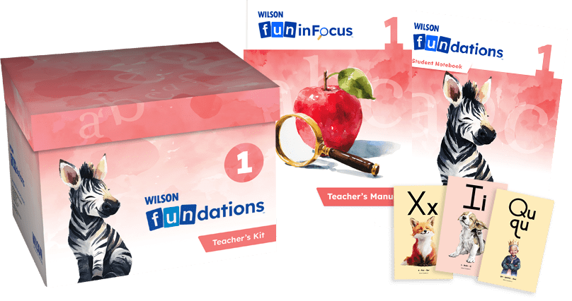 Wilson Fundations Level 1 Teacher’s Kit with student and teacher materials, illustrated alphabet cards, and zebra-themed packaging.