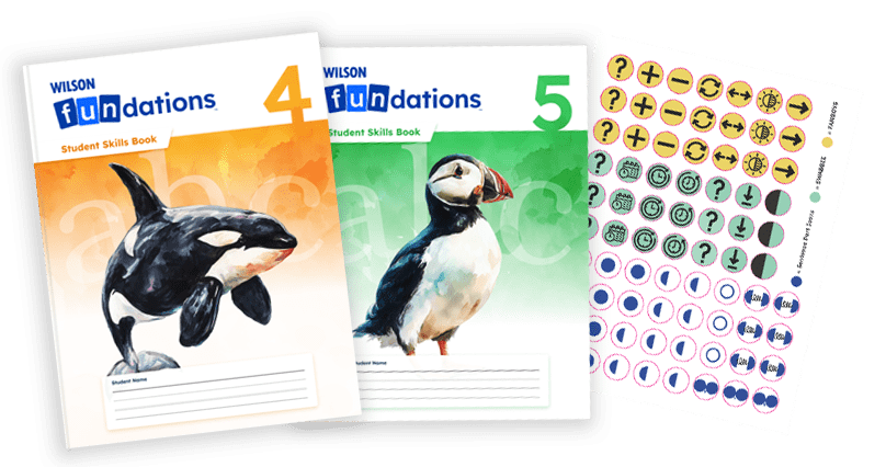 Fundations Level 4 and 5 Student Skills Books with illustrations of an orca and a puffin, alongside a colorful sticker sheet.