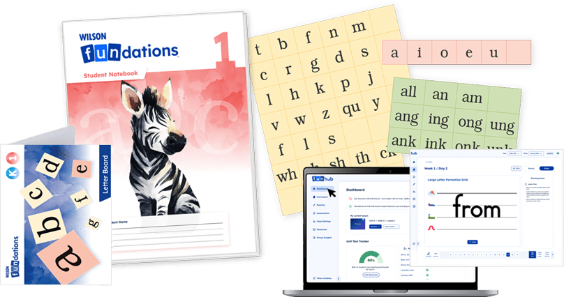 Fundations Level 1 student notebook and practice book with zebra, butterfly, and ladybug illustrations, letter boards, vowel and word cards, and digital teaching tools.