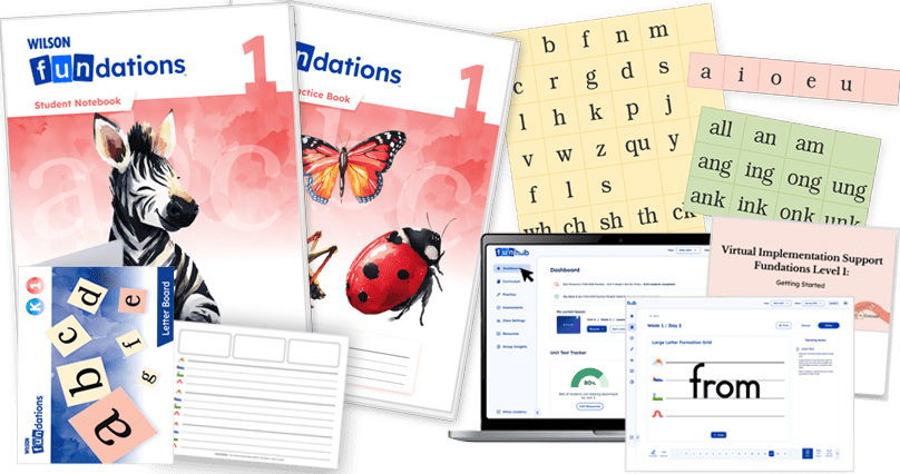 Fundations Level 1 student and practice books, letter tiles, boards, vowel and word cards, digital platform on a laptop, and virtual implementation guide.