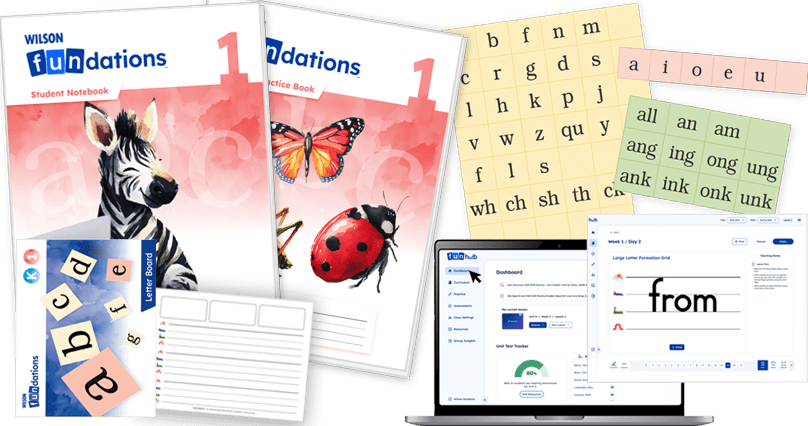 Fundations Level 1 complete bundle including student and practice books, letter boards, word-building cards, handwriting lines, and FUN hub digital platform.