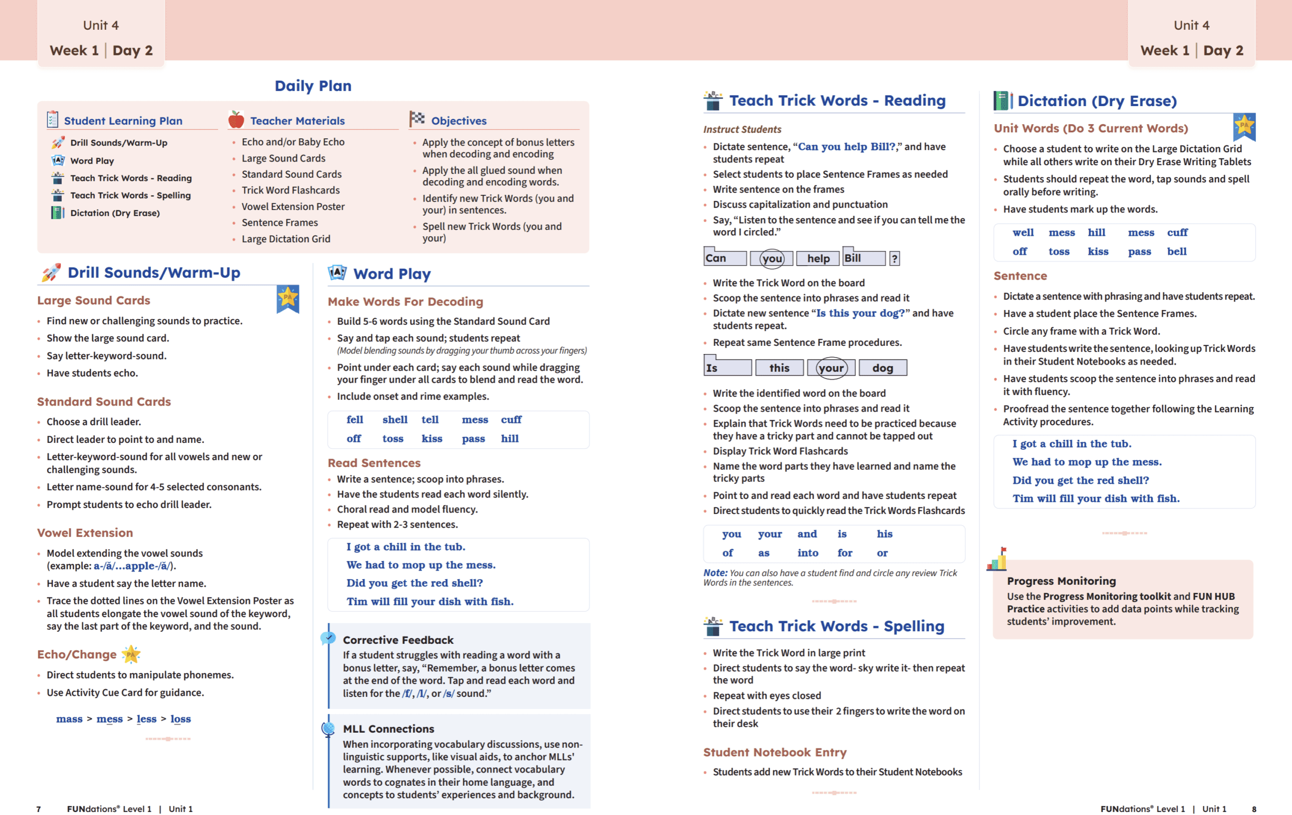 Fundations Level 1 Unit 4, Week 1, Day 2 daily plan, teacher materials, and student activities.