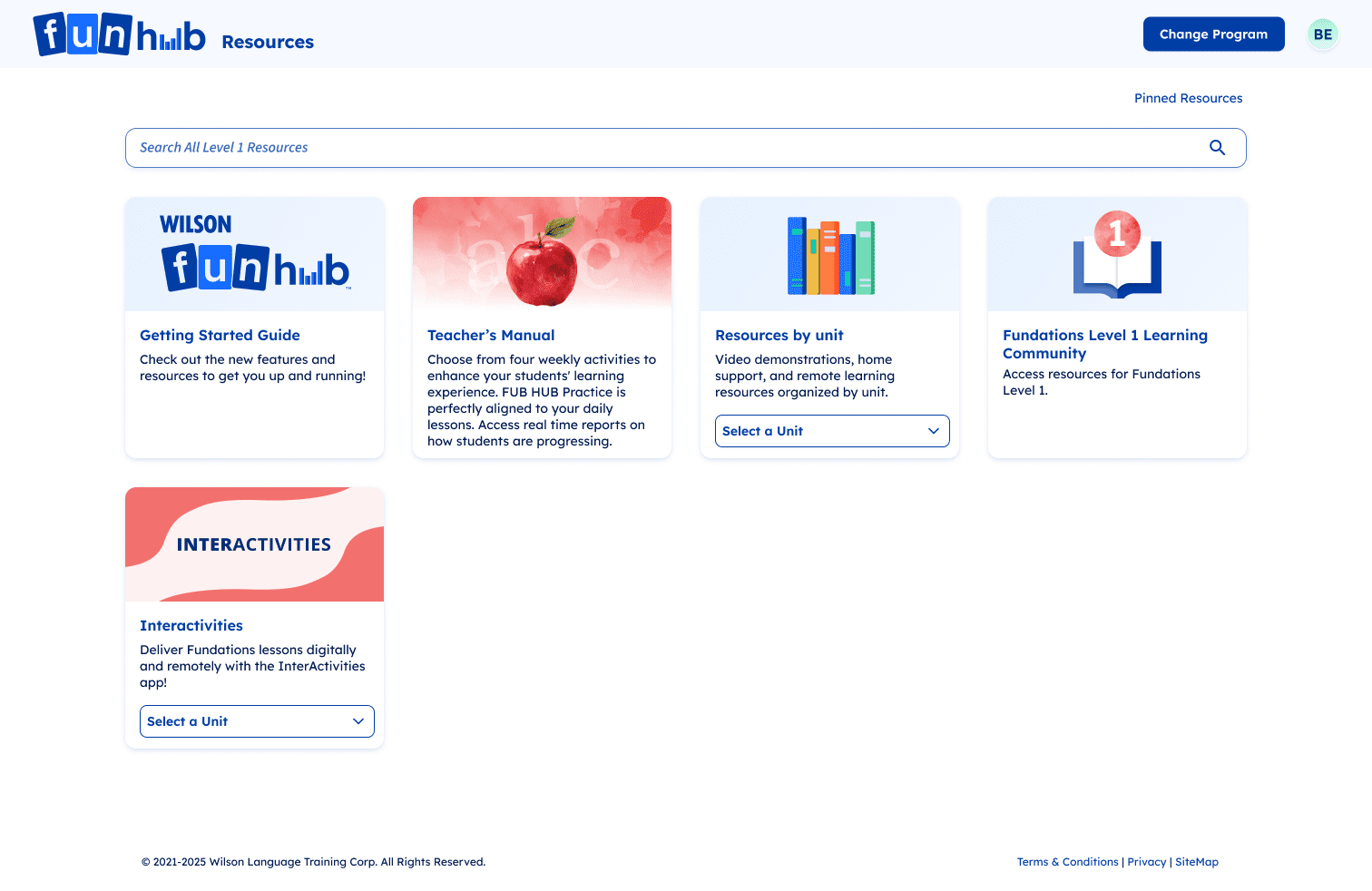 Fundations Level 1 resources page on Fun Hub, including getting started guide, teacher's manual, and interactivities.