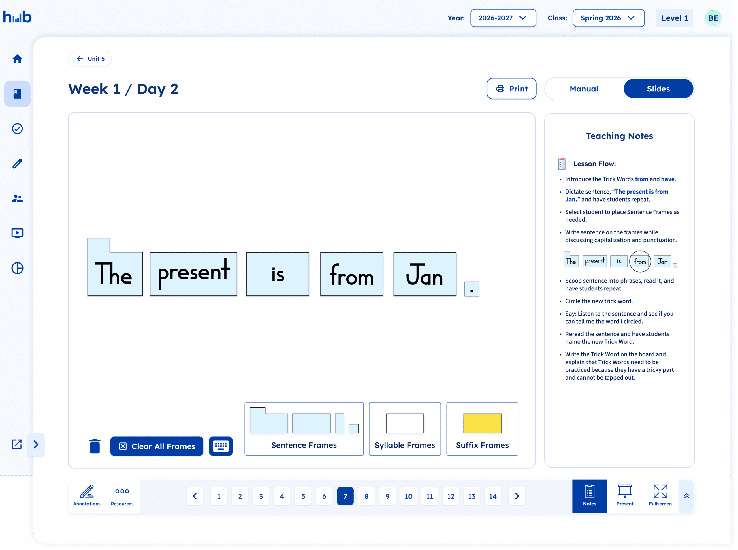 Fundations Week 1 Day 2 lesson featuring sentence frames for "The present is from Jan.