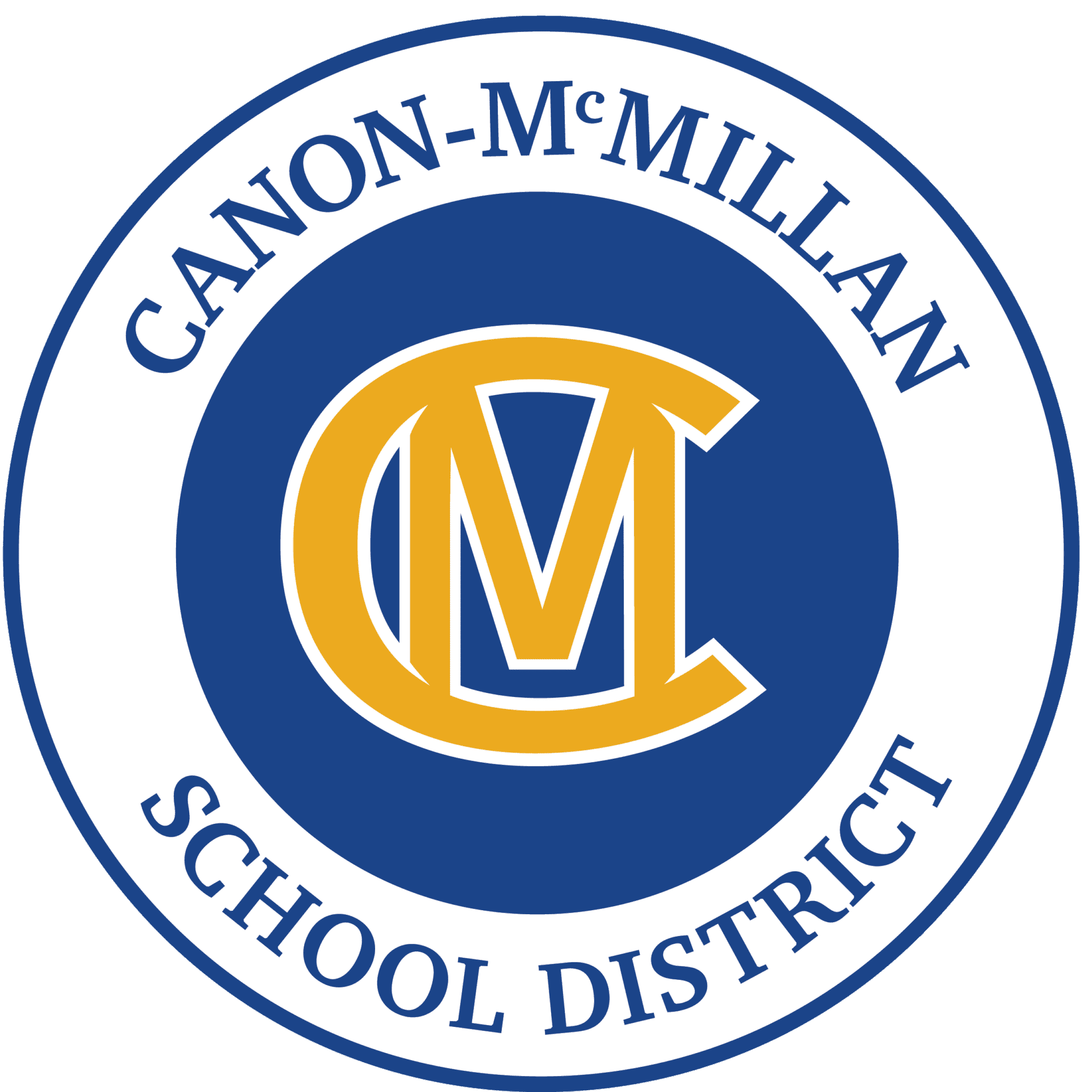 Canon-McMillan School District logo with CM monogram in gold on blue.